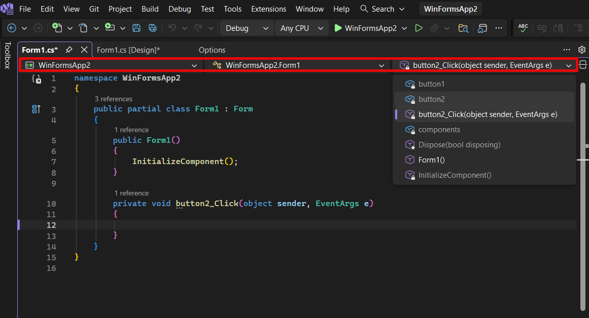 Screenshot that shows the code navigation bar.