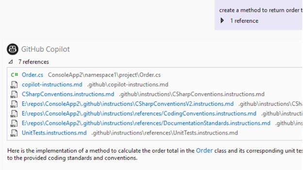 Screenshot of custom instruction files used by Copilot in the References list.