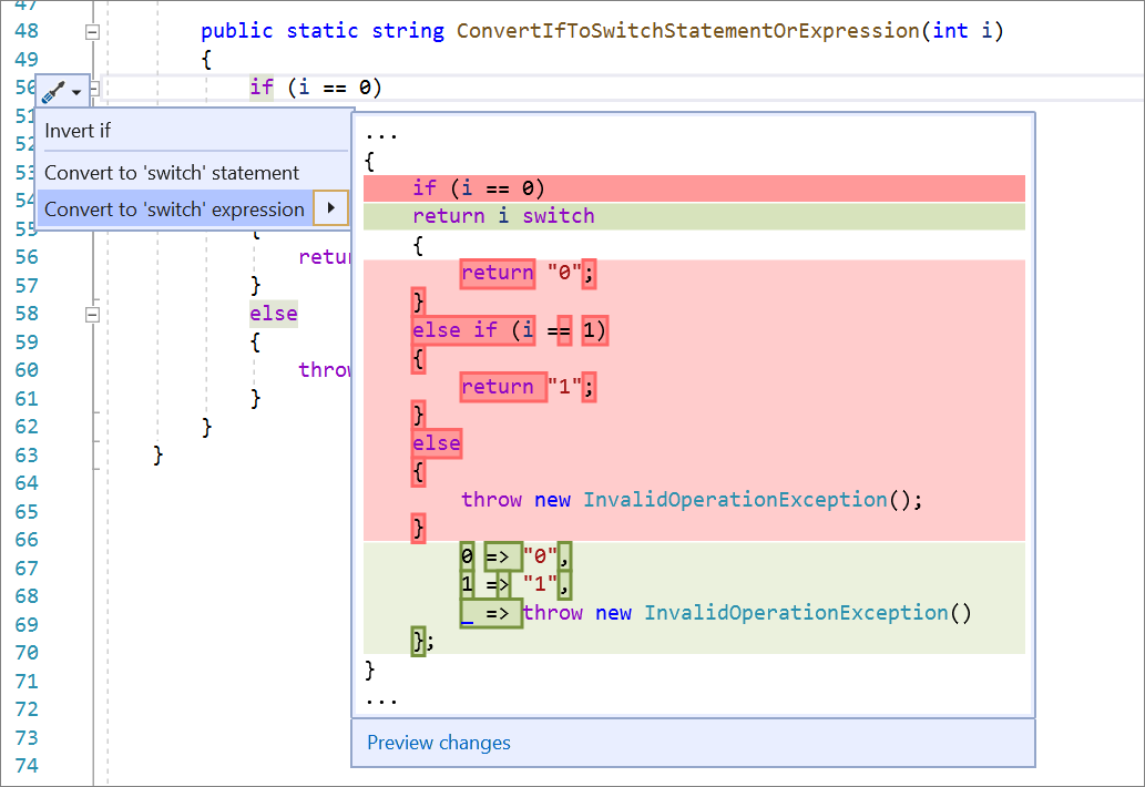 Screenshot of Convert if statement to switch expression.