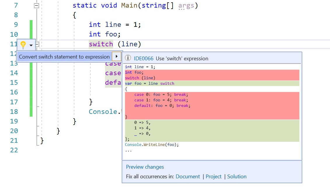 Screenshot of Convert switch statement to switch expression.