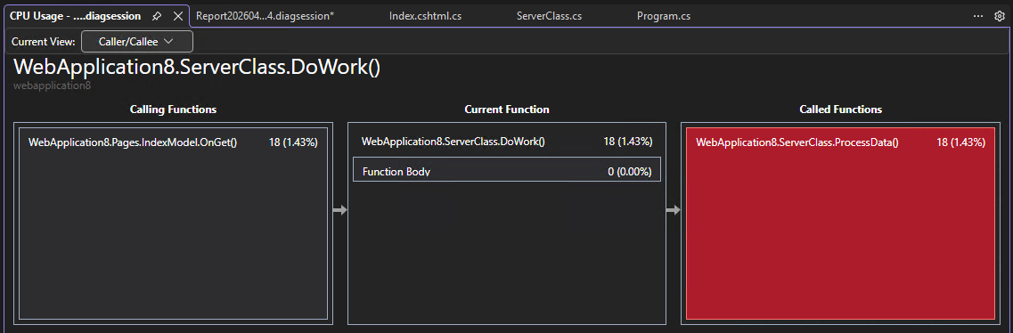 Screenshot that shows the Diagnostics Tools Caller/Callee view.