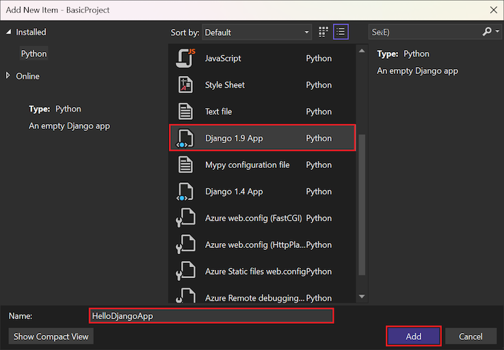 Screenshot that shows how to configure the Django 1.9 App template in Visual Studio 2022.