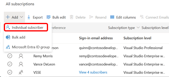 Screenshot of the subscriber list in the manage portal. Individual subscriber in the add menu is highlighted. Add a single subscriber
