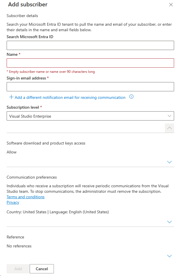 Screenshot of the Add subscriber dialog showing fields for subscriber details. Subscriber details