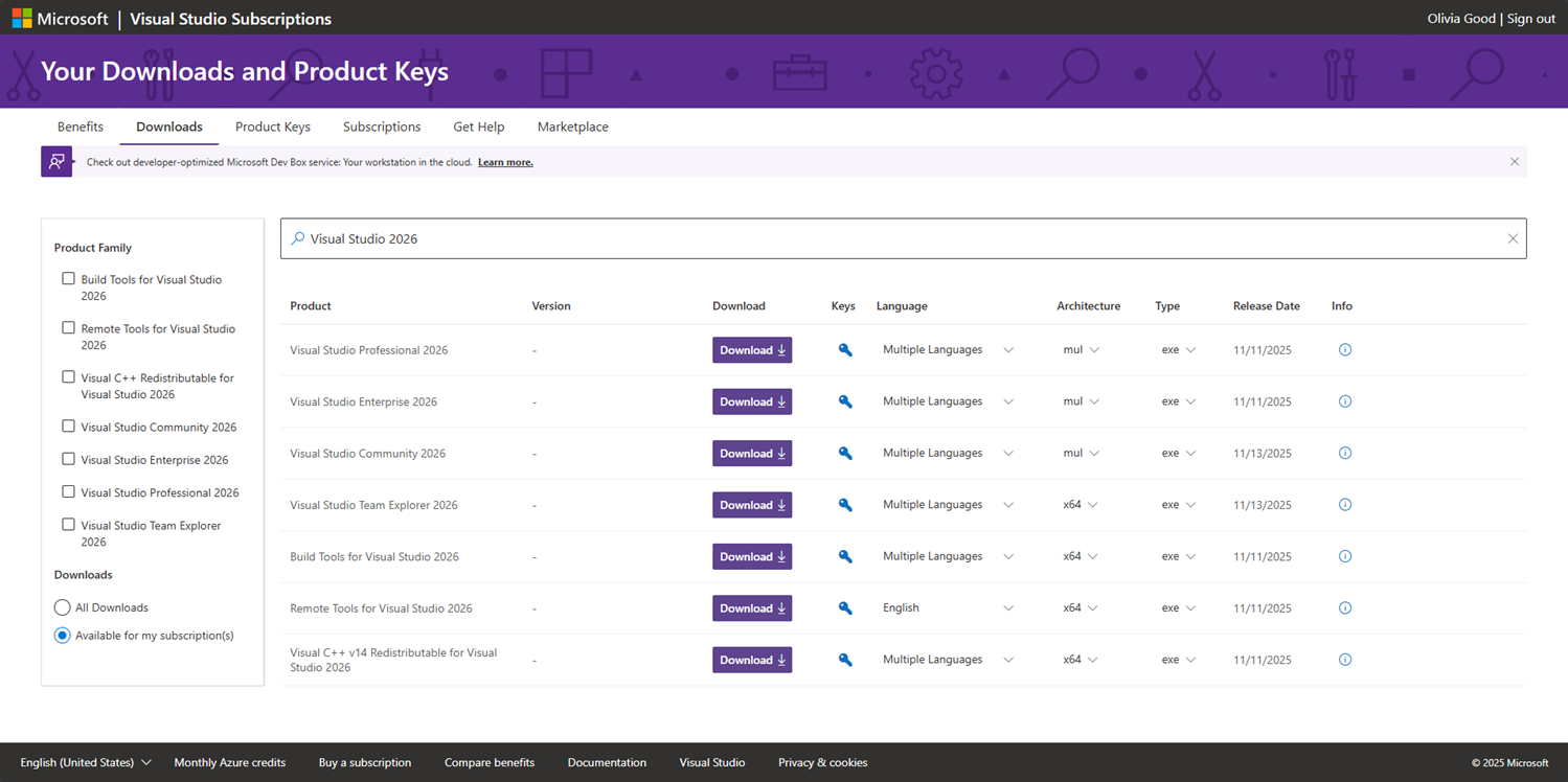 Screenshot of the list of available downloads for Visual Studio 2026. Visual Studio 2026 downloads