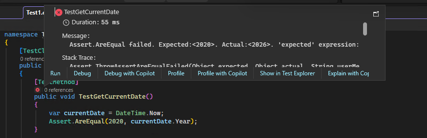 Screenshot shows C++ CodeLens icon after you select it for details in Visual Studio.