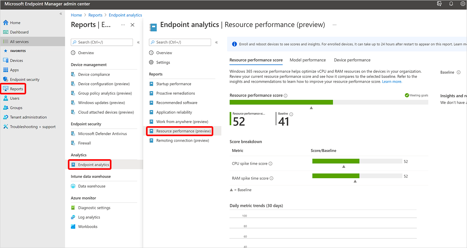 Screenshot of using the resource performance report