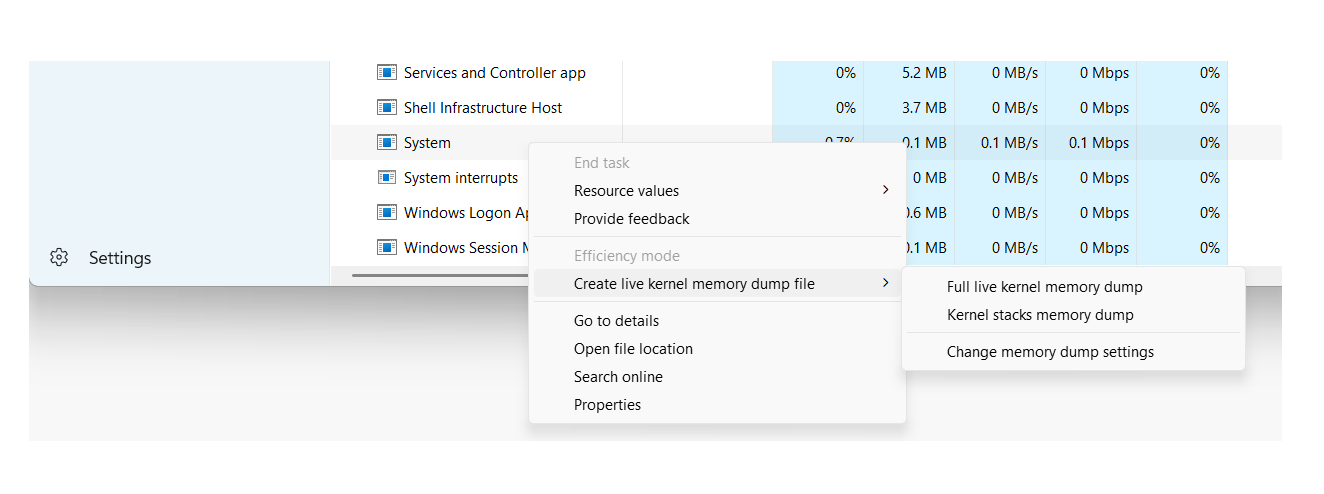Screenshot of Task Manager showing the System process with a context menu displaying Full live kernel memory dump and Kernel Stacks memory dump options.