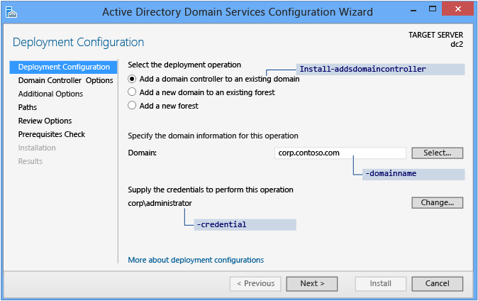 Screenshot of the Deployment Configuration page of the Active Directory Domain Services Configuration Wizard when there is no staging deployment.
