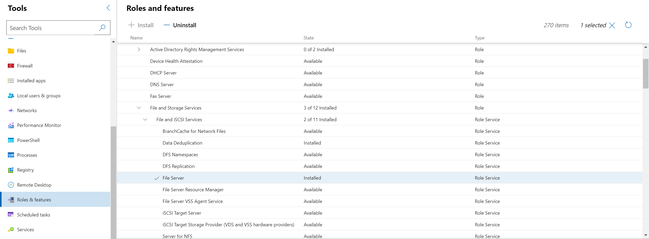 Screenshot that shows the Roles and features pane with the File Server role selected.
