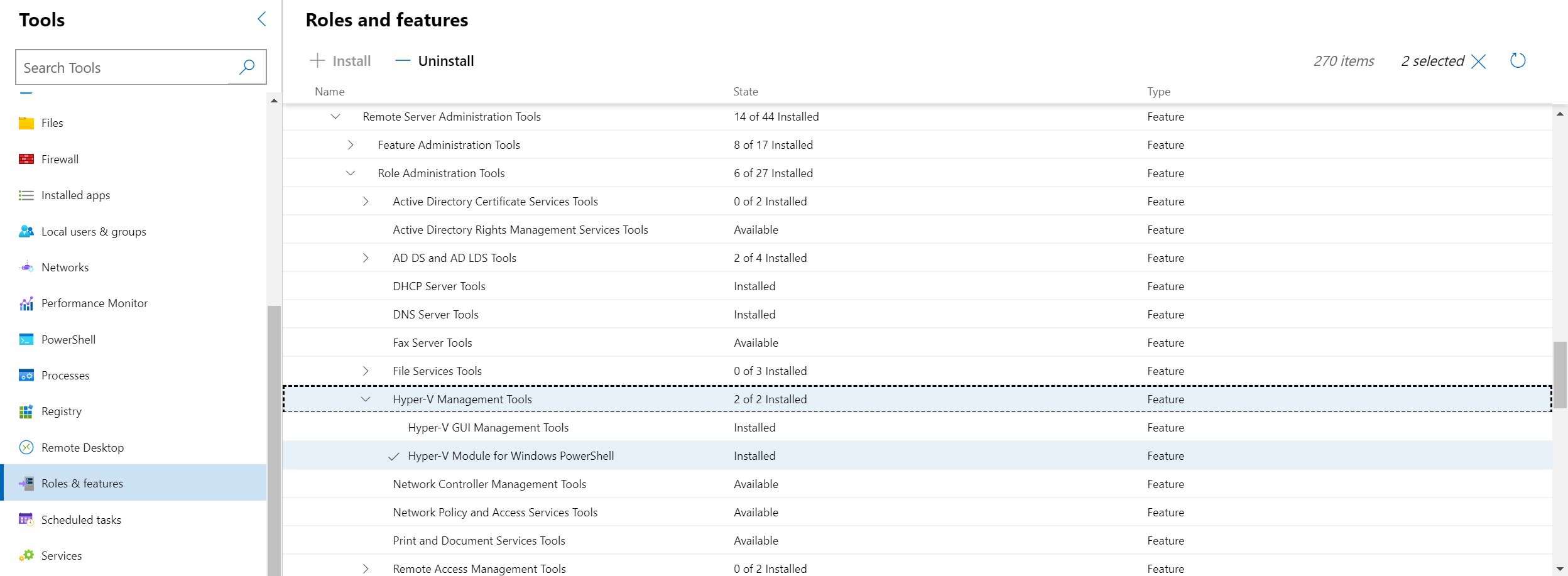 Screenshot that shows Roles and features with Hyper-V roles selected.