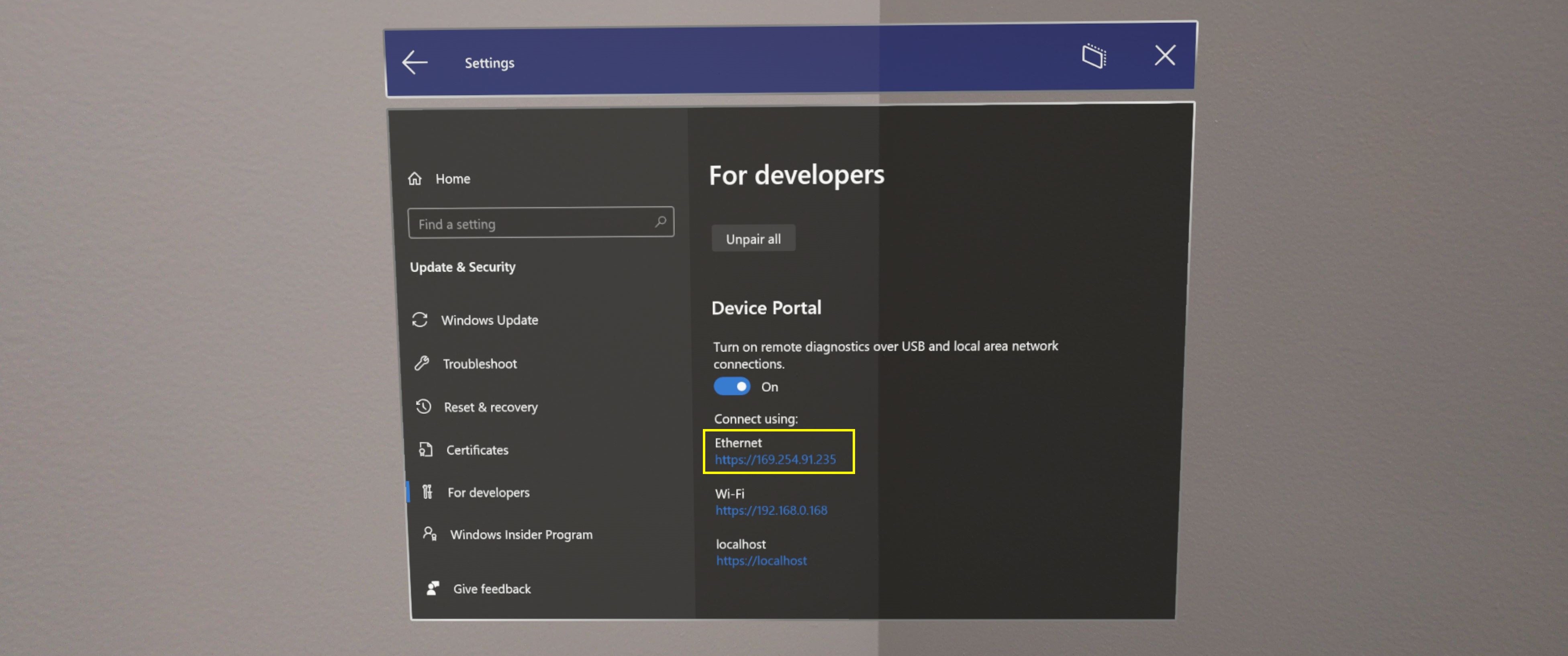 HoloLens 2 settings - UsbNcm IP