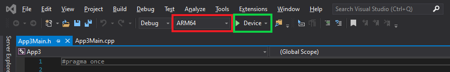 Screenshot of visual studios solution with platform and device settings highlighted