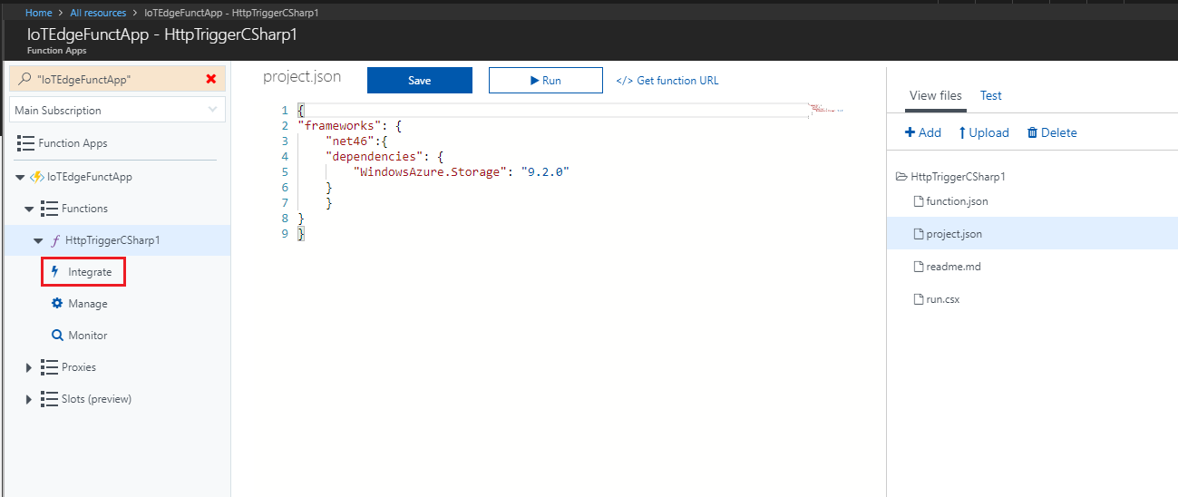 Screenshot that shows The Function Apps page. Integrate in the left menu is circled in red.