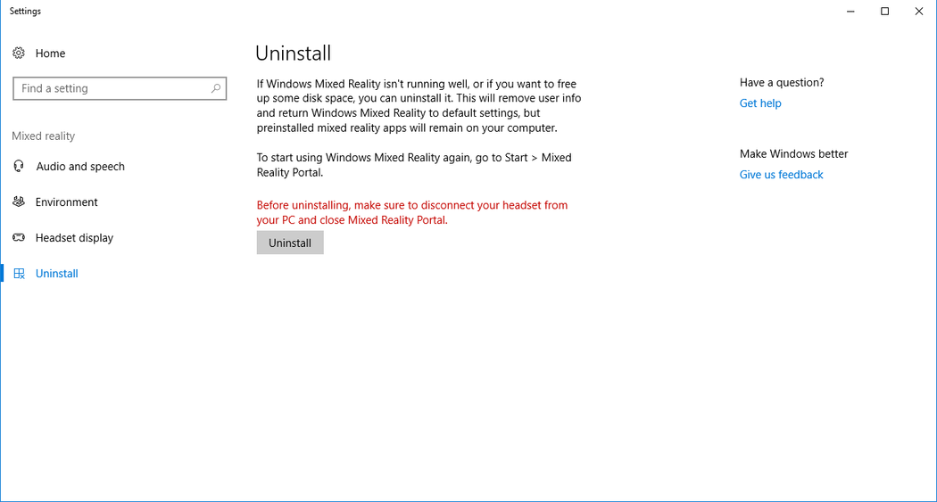 Windows Settings panel to uninstall Windows Mixed Reality