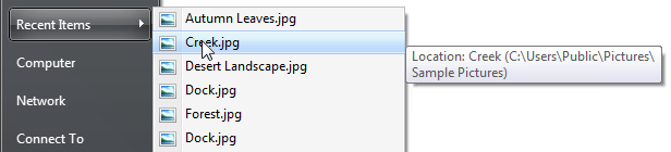 screen shot of infotip beside recent items list
