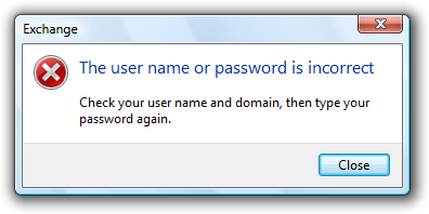 screen shot of message: incorrect password