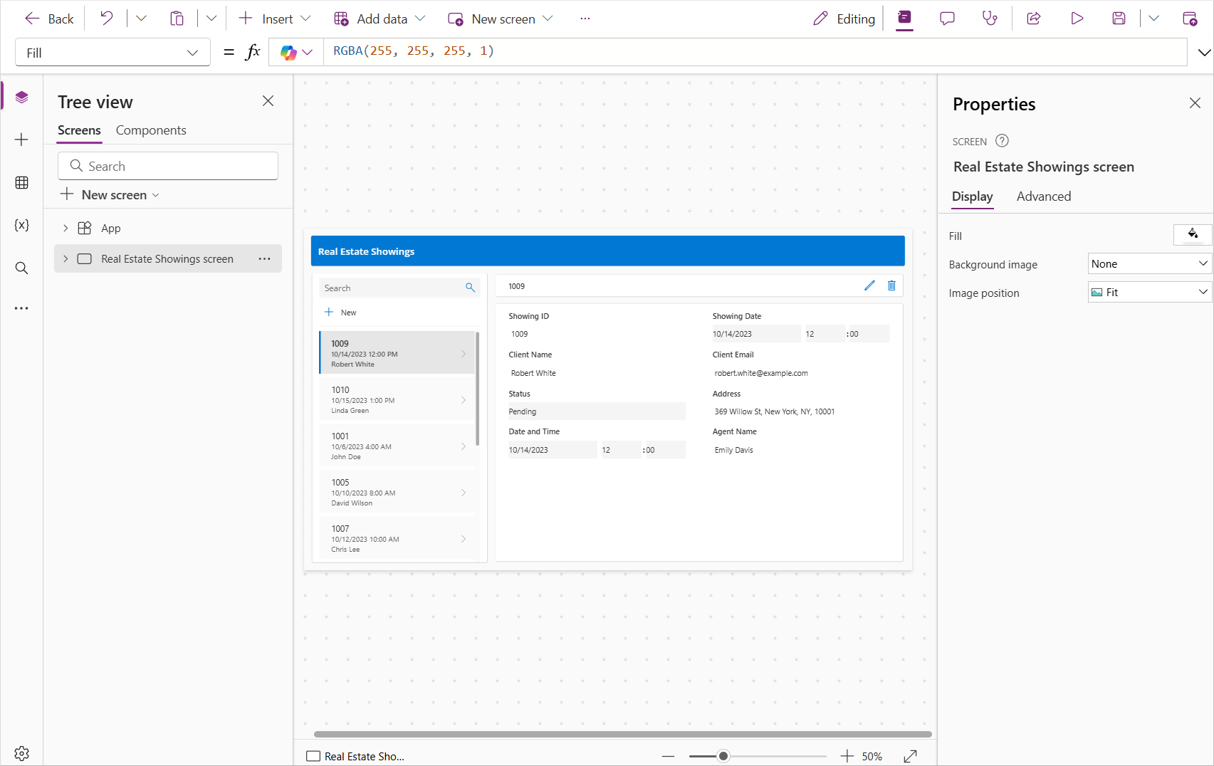 لقطة شاشة للتطبيق الذي تم إنشاؤه فِي Power Apps Studio.