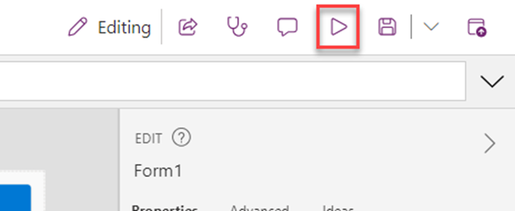 لقطة شاشة لزر التشغيل فِي Power Apps Studio.