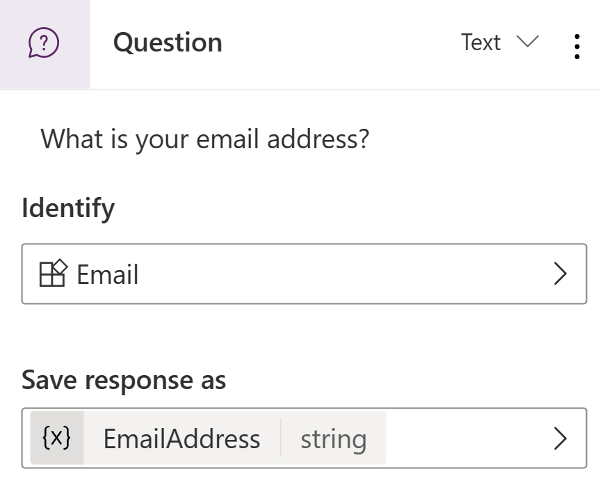 لقطة شاشة لعقد الأسئلة واختيار الكيان وتسمية المتغيرات.
