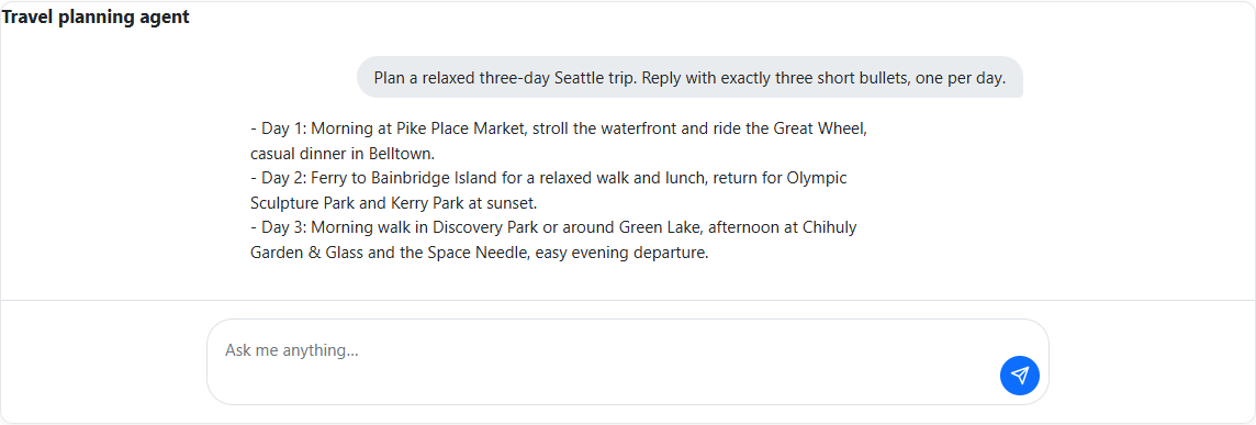 Blazor AI chat interface showing a conversation with a travel planning agent