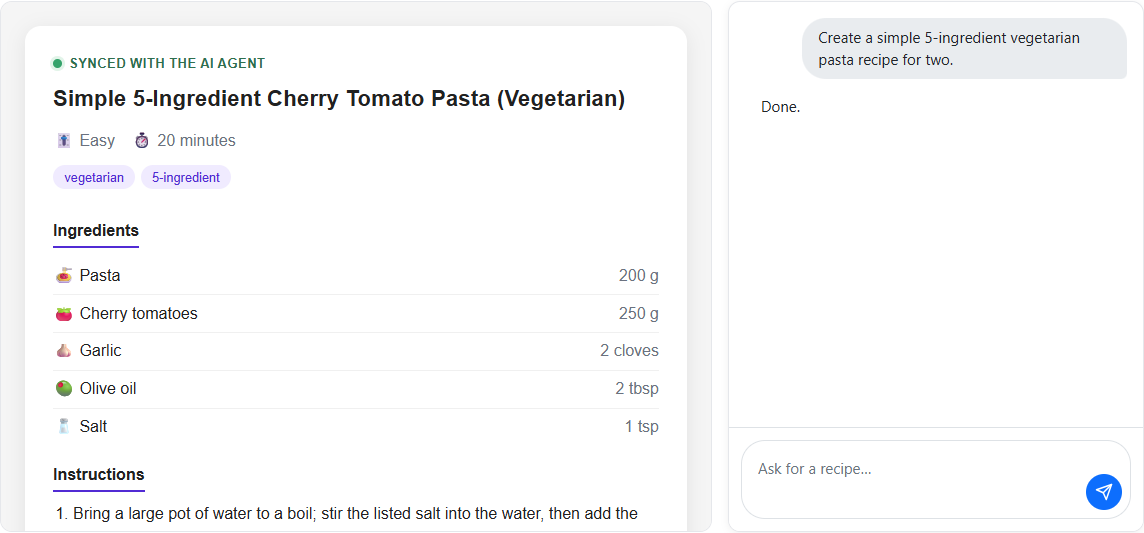 Typed agent state rendered as a recipe card
