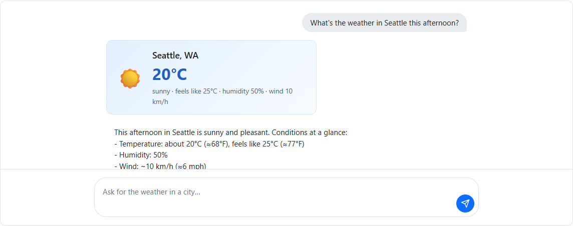 A generated typed tool block rendering a weather result