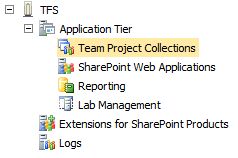 Screenshot of the navigation tree view to click Team Project Collections.