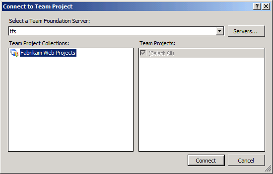 In the Connect to Team Project dialog box, select the T F S instance you want to connect to, select the team project collection you want to add to, and then click Connect.
