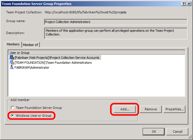 Screenshot of the Team Foundation Server Group Properties dialog box to select and add Windows User or Group.