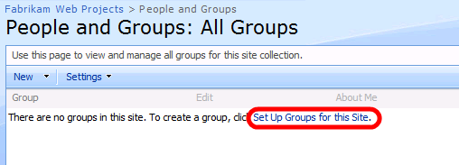 On the People and Groups: All Groups page, click Set Up Groups for this Site.