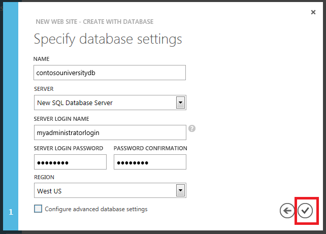 Database Settings step of New Website - Create with Database wizard