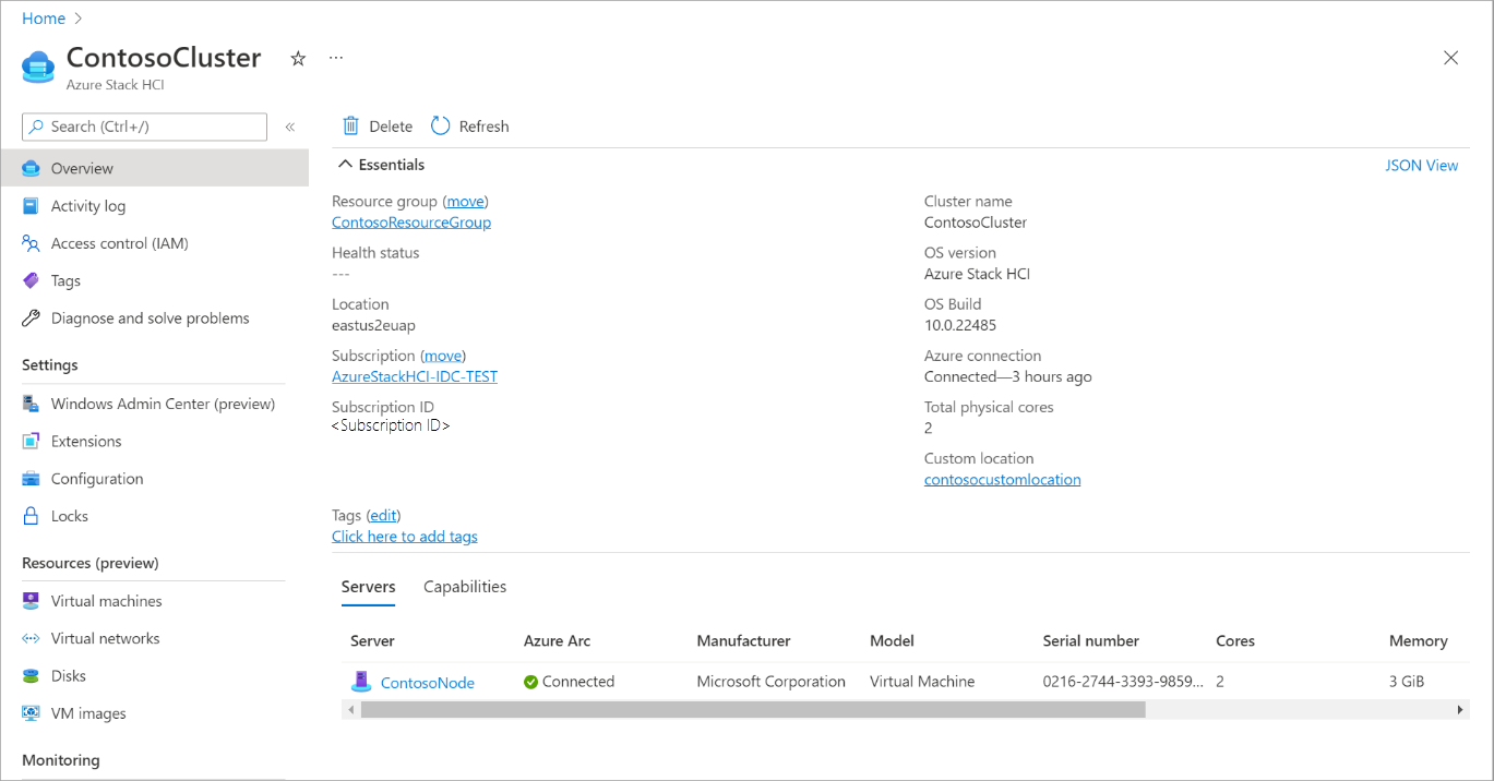 Screenshot of the Overview page in the Azure Stack HCI cluster resource showing Azure Arc as connected.