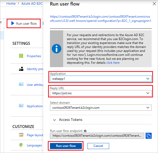 A screenshot of the Run user flow page from the Azure portal portal with Run user flow button, Application text box and Reply URL text box highlighted.