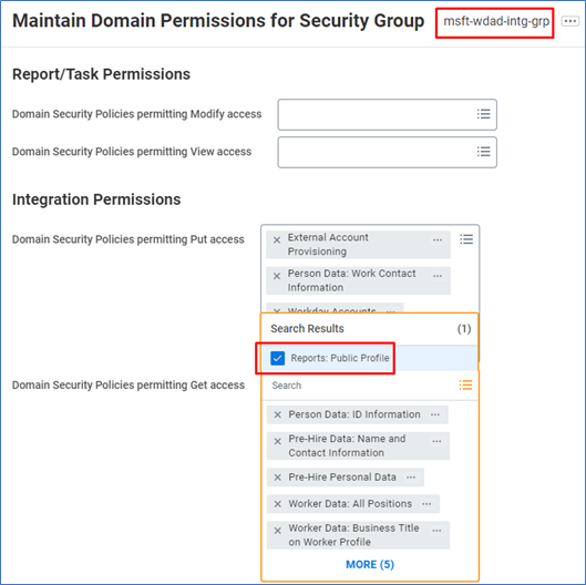 Screenshot of permissions to setup in Workday.