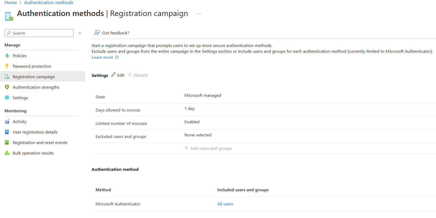 Screenshot of enabling a registration campaign.
