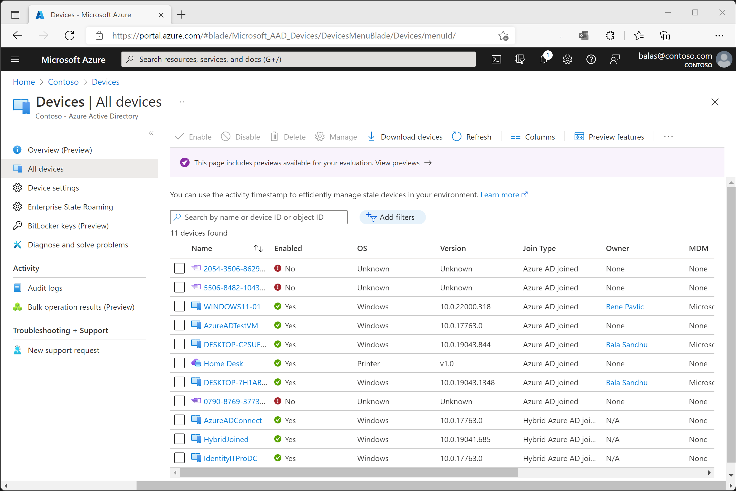 Screenshot that shows the All devices view.