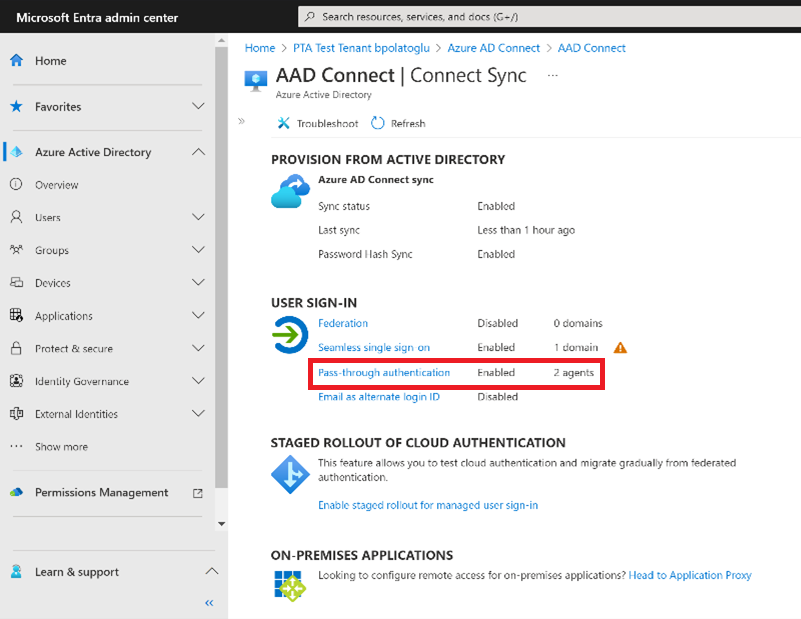 Screenshot shows Microsoft Entra admin center - Microsoft Entra Connect blade.
