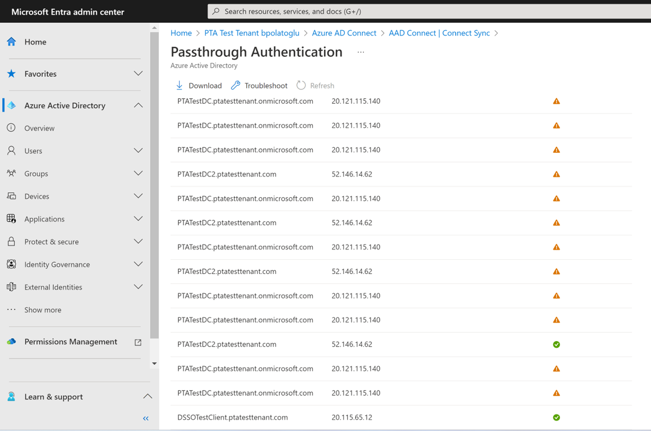 Screenshot shows Microsoft Entra admin center - Pass-through Authentication blade.