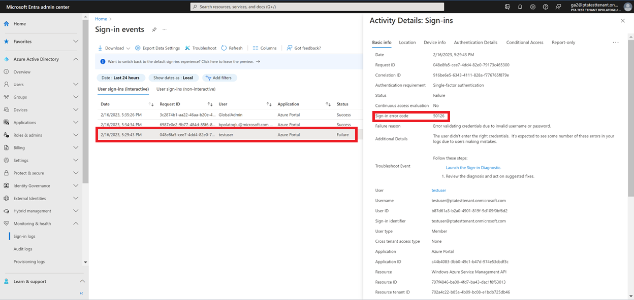 Screenshot shows Microsoft Entra admin center - Sign-ins report,