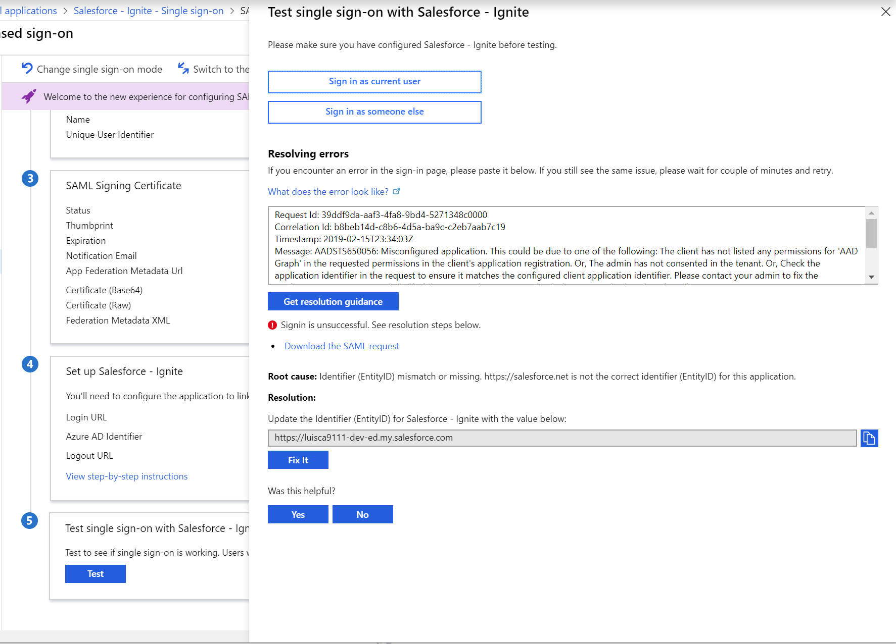 Screenshot showing the test SAML SSO page