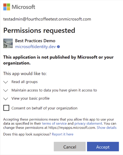 Screenshot showing permissions requested window requiring user consent.