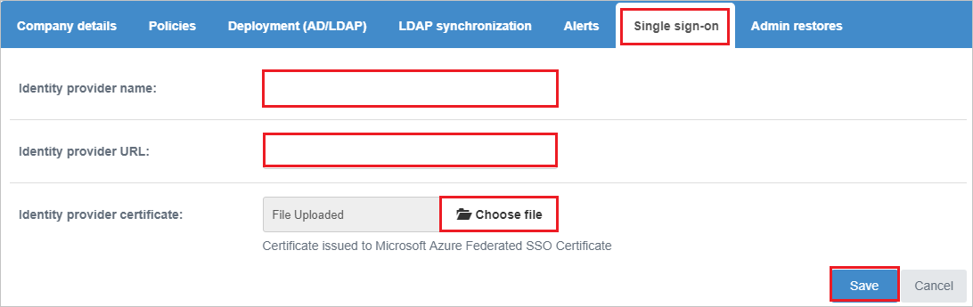 Screenshot shows the Single sign-on tab with the information described in this step.