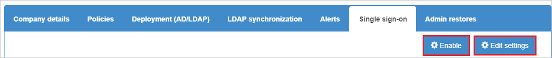 Screenshot shows the Single sign-on tab with Enable and Edit settings called out.