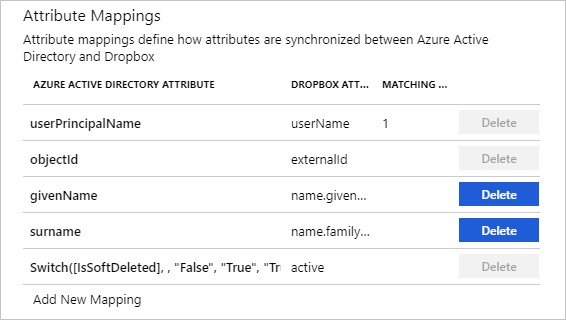 Screenshot of Dropbox User Attributes.