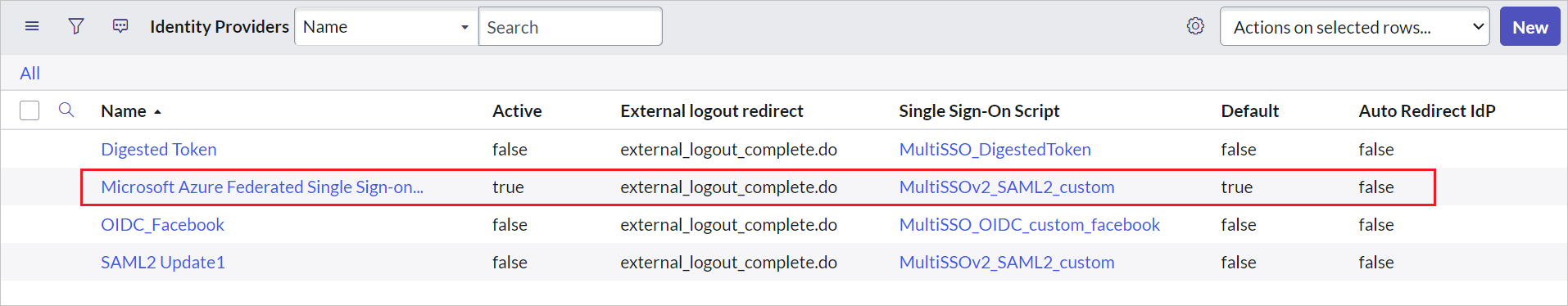 Configure single sign-on Screenshot of identity providers, with automatically generated identity provider highlighted