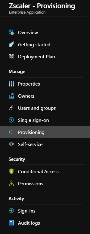 Screenshot of the Zscaler ZSNet - Provisioning Enterprise Application sidebar with the Provisioning option highlighted.