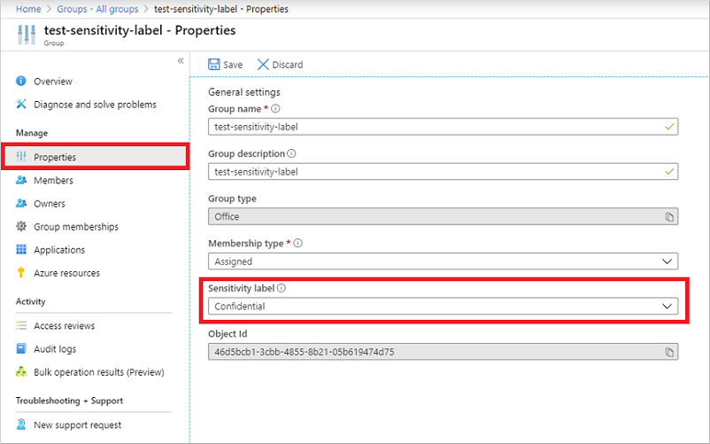 Screenshot that shows assigning a sensitivity label on the overview page for a group.