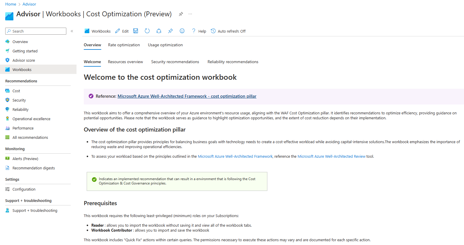 Screenshot showing the workbook in Azure advisor