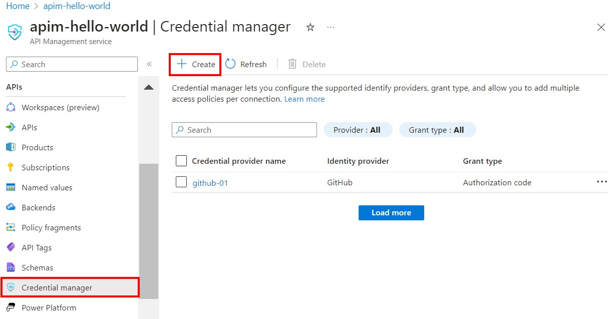 Screenshot of creating an API Management credential in the Azure portal.